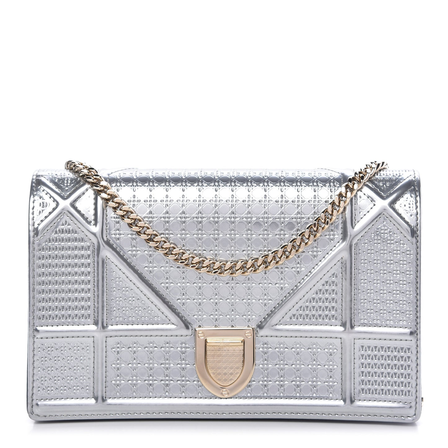 Metallic Patent Micro-Cannage Diorama Wallet on Chain Pouch Silver