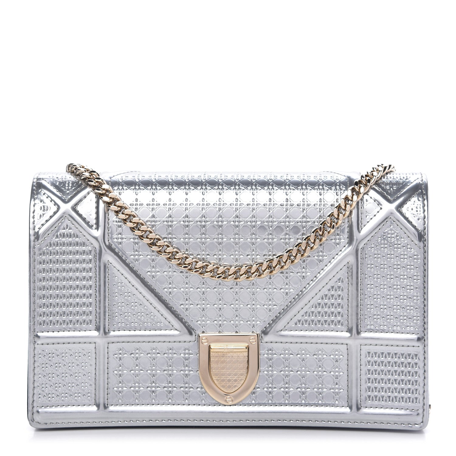 Christian Dior Metallic Patent Micro-Cannage Diorama Wallet on Chain Pouch Silver 1 of 9