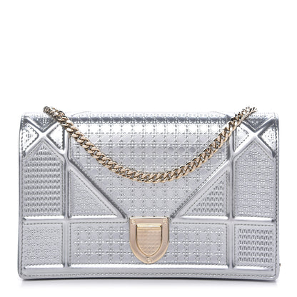 Christian Dior Metallic Patent Micro-Cannage Diorama Wallet on Chain Pouch Silver 1 of 9