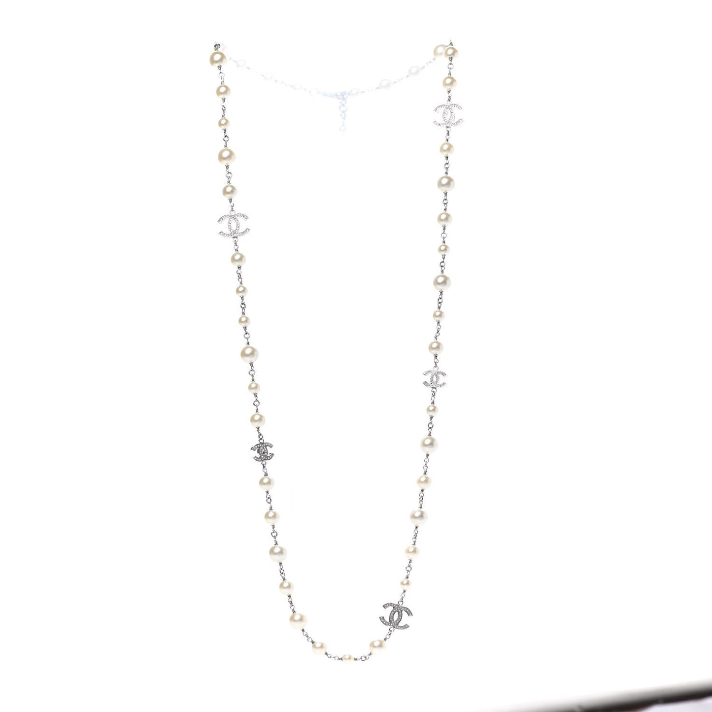 Graduated Pearl Crystal CC Long Necklace Silver