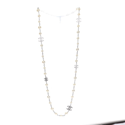 Chanel Graduated Pearl Crystal CC Long Necklace Silver 3 of 6