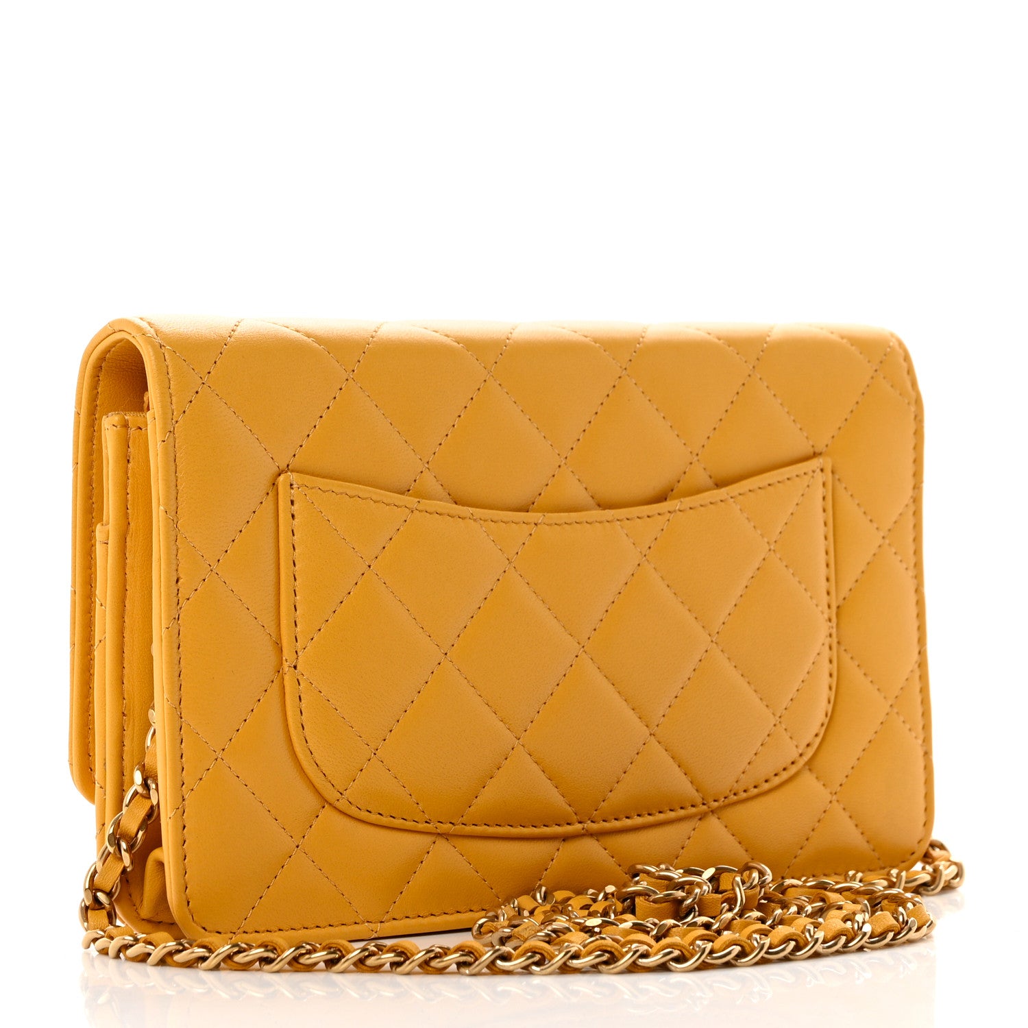 Chanel Lambskin Quilted Studded CC Wallet On Chain WOC Yellow 3 of 8