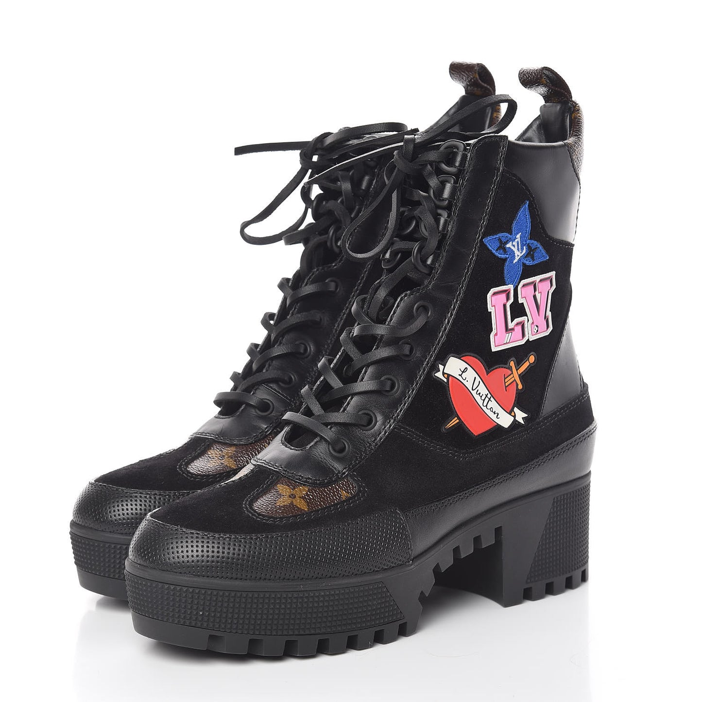 Suede Calfskin Monogram LV Black Heart Laureate Platform Desert Boots 36.5 Black