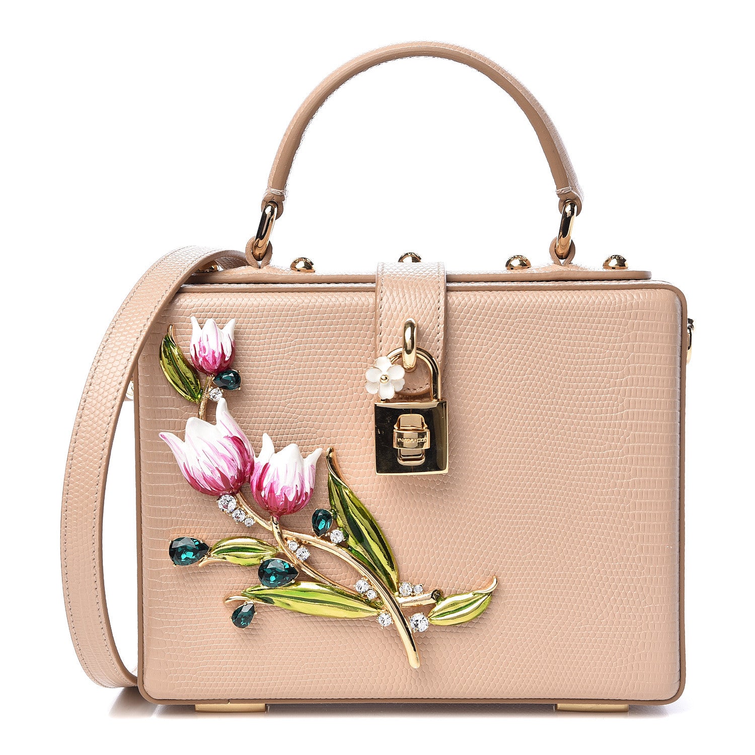 Dolce & Gabbana Lizard Calfskin Embossed Dauphine Tulip Crystal Embellished Box Bag Taupe 1 of 10