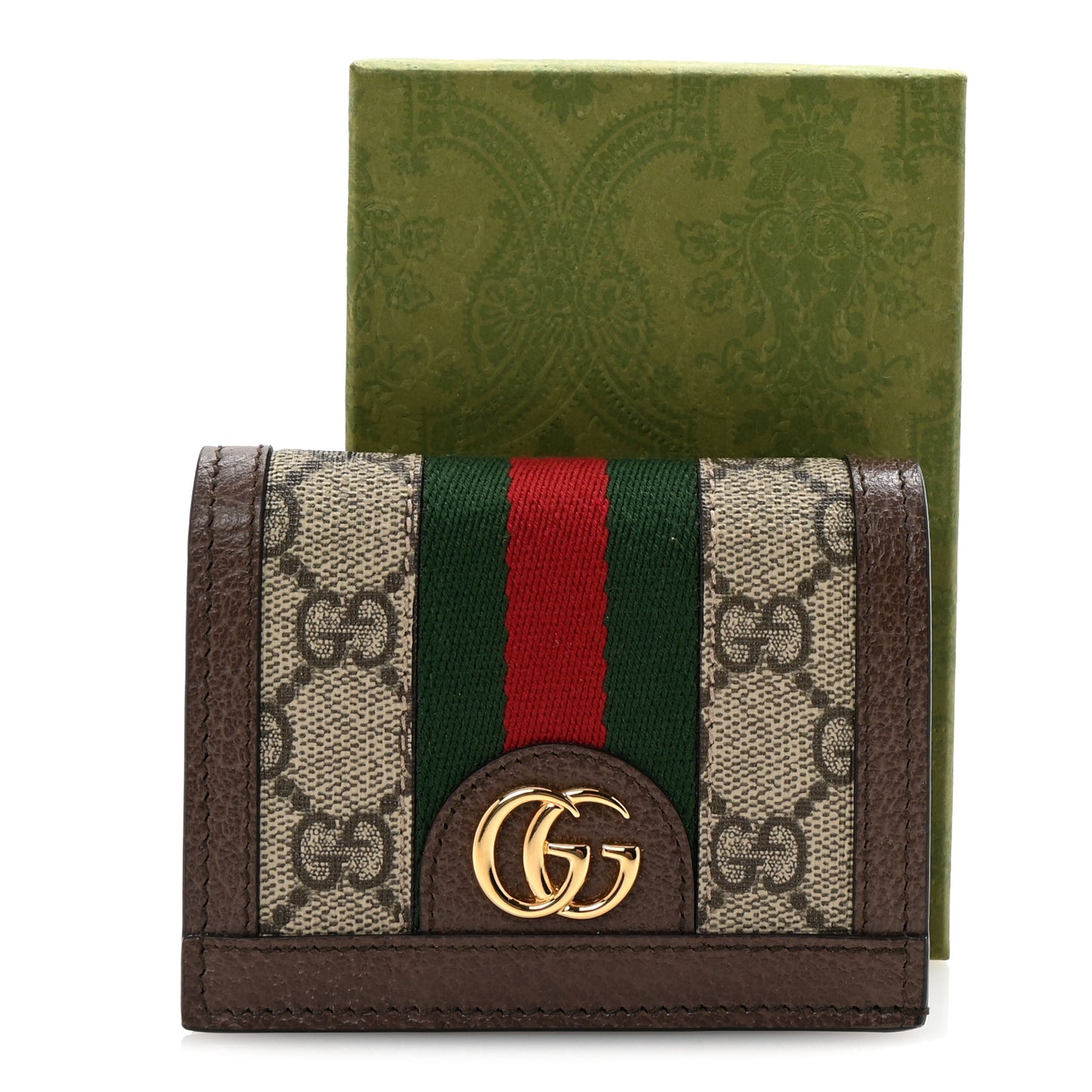 GG Supreme Monogram Textured Dollar Calfskin Web Ophidia Card Case Beige New Acero
