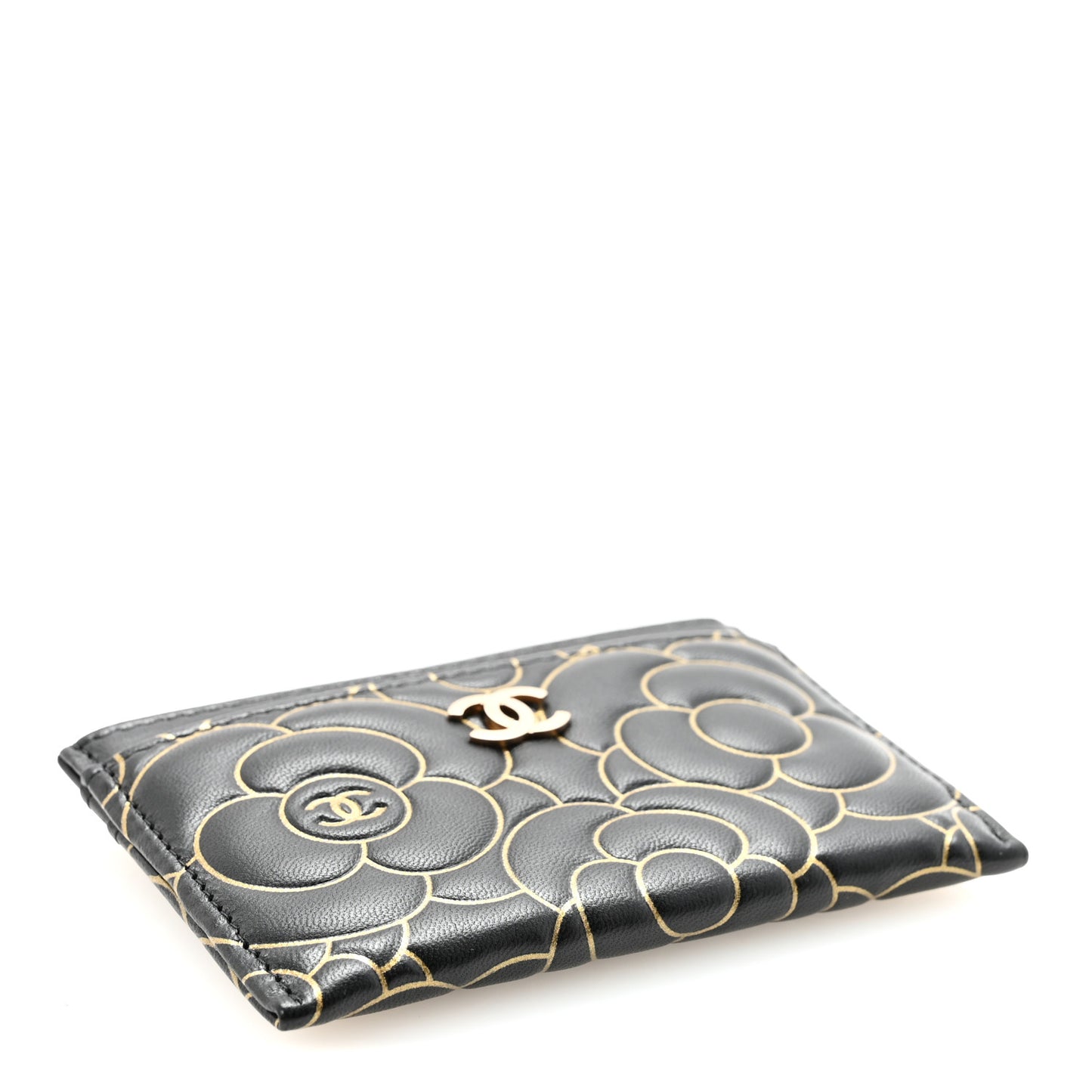 Lambskin Camellia Embossed Card Holder Black Gold