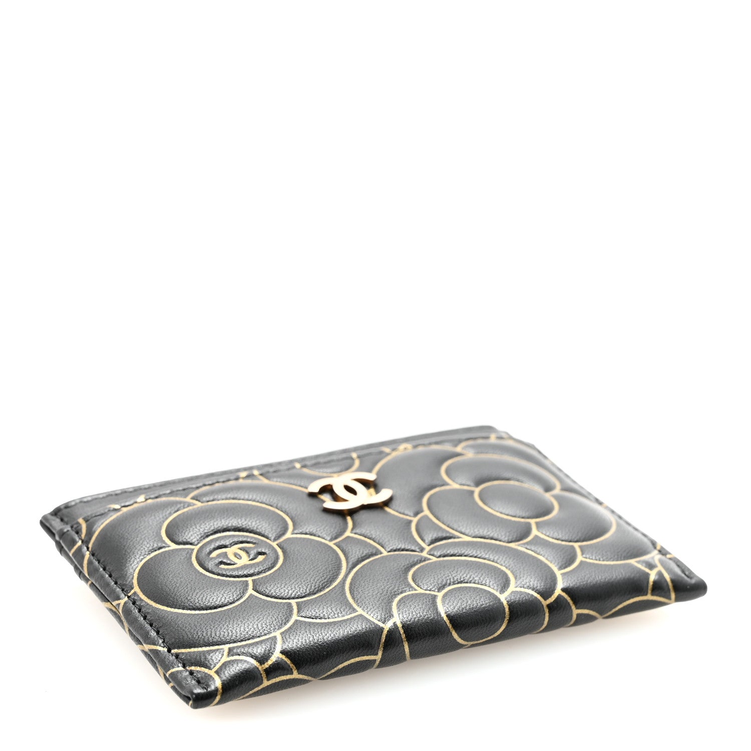 Chanel Lambskin Camellia Embossed Card Holder Black Gold 4 of 9