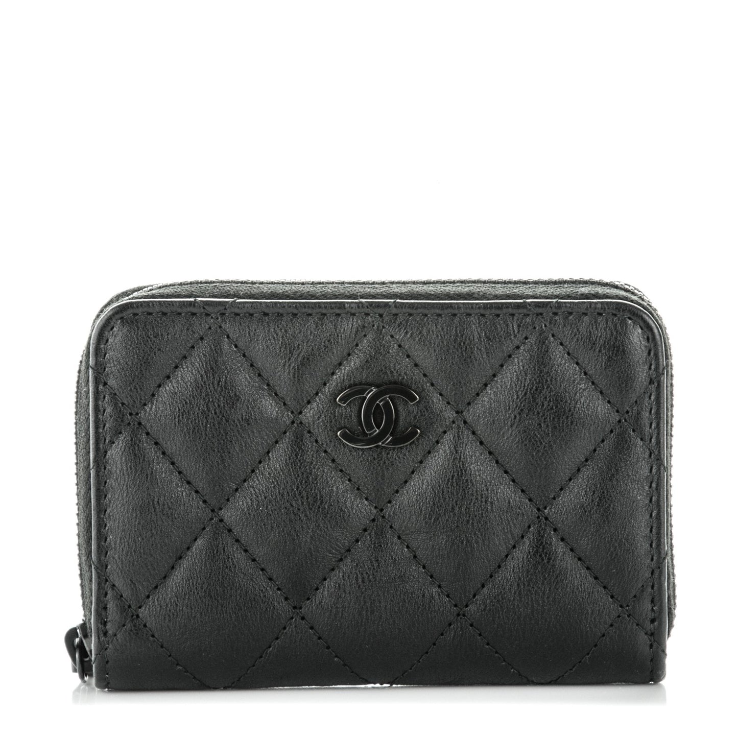 Calfskin Quilted Zip Around Coin Purse Wallet So Black