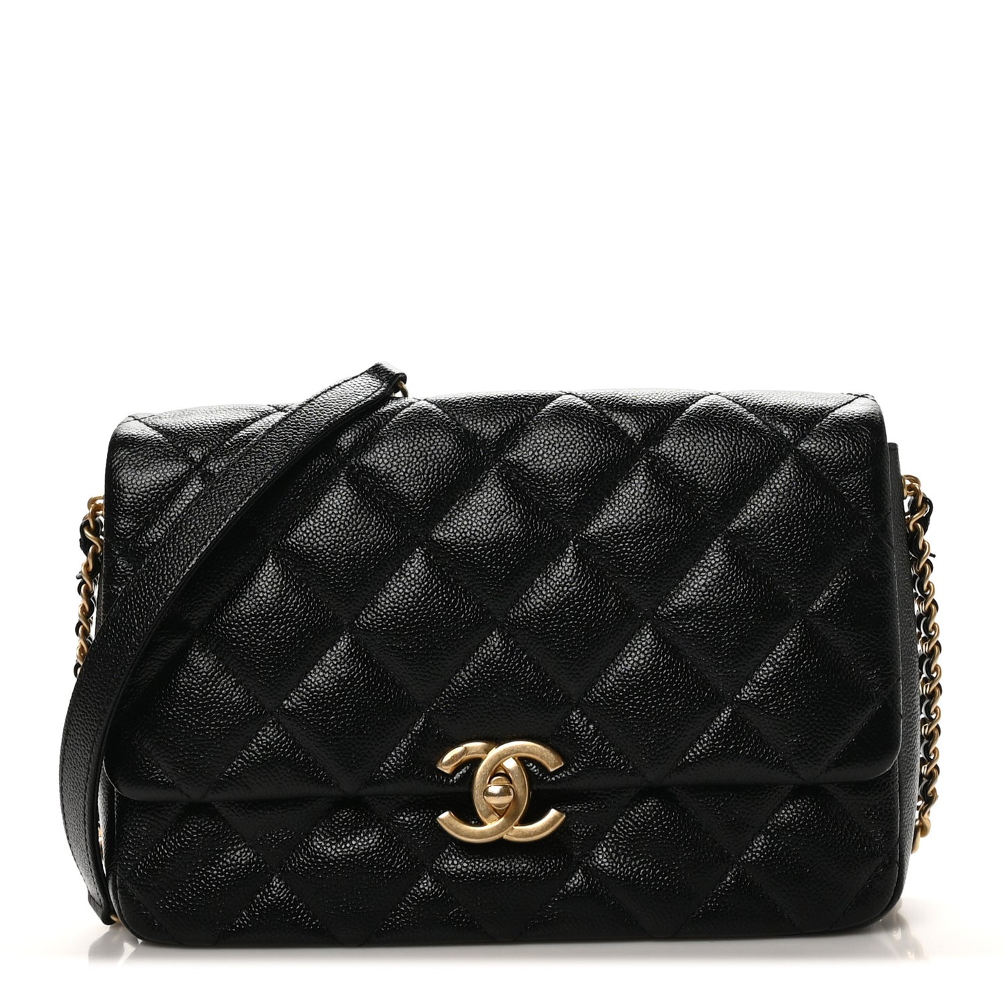 Shiny Caviar Quilted Large Chain Melody Flap Black