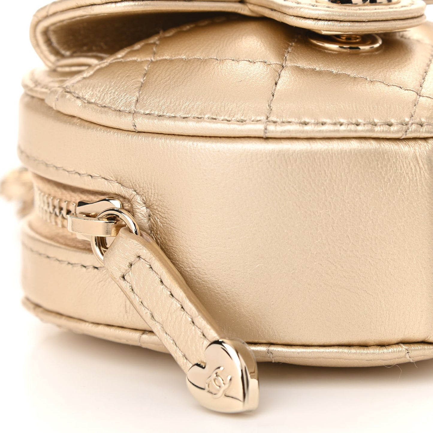 Metallic Lambskin Quilted CC In Love Heart Coin Purse With Chain Gold