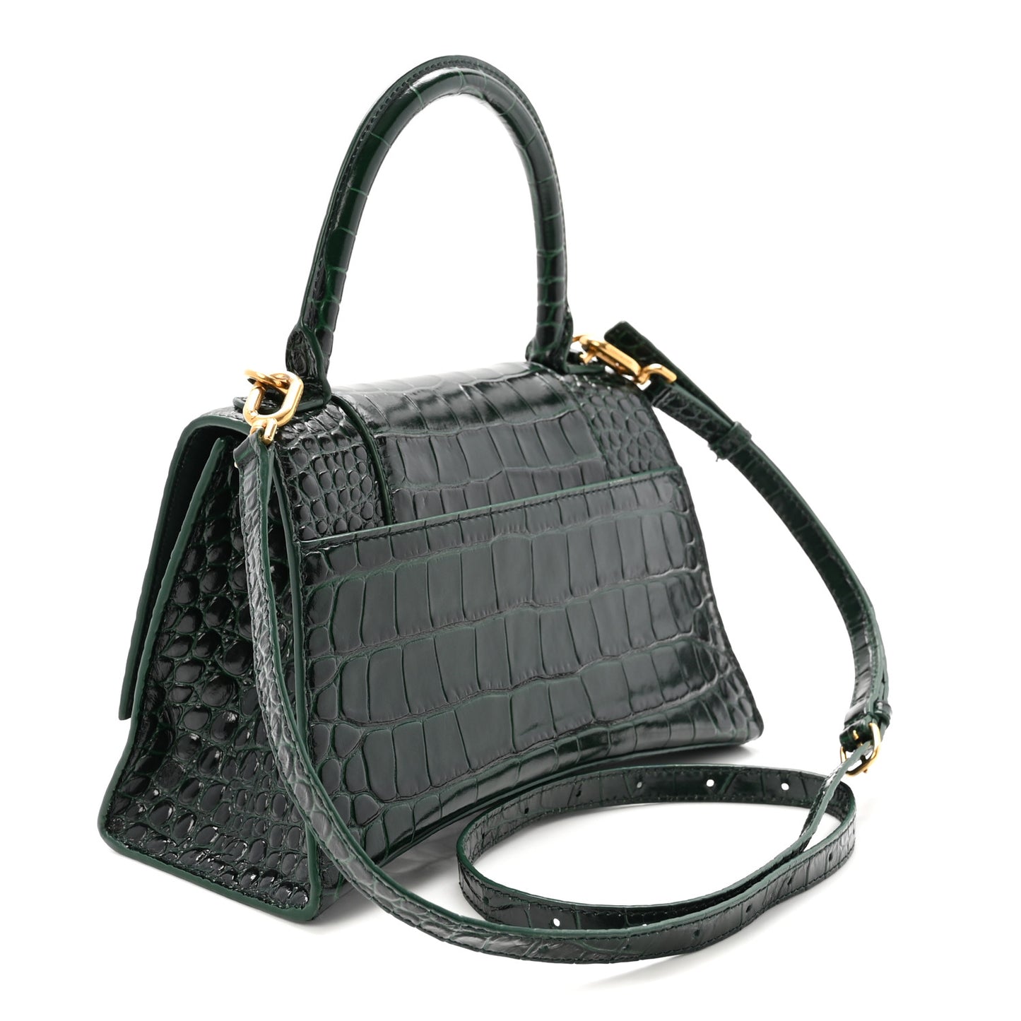 Shiny Calfskin Crocodile Embossed Small Hourglass Top Handle Bag Forest Green