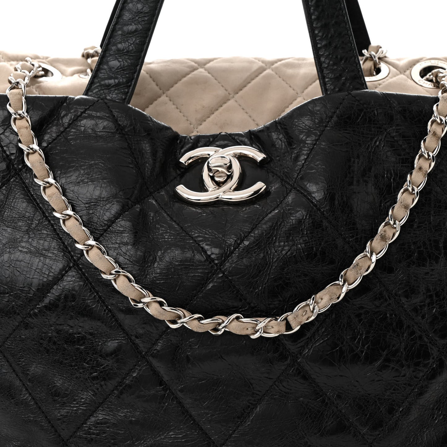 Glazed Calfskin Quilted Portobello Tote Black Beige