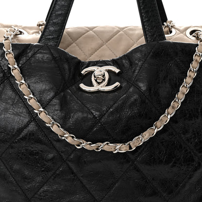 Chanel Glazed Calfskin Quilted Portobello Tote Black Beige 8 of 14