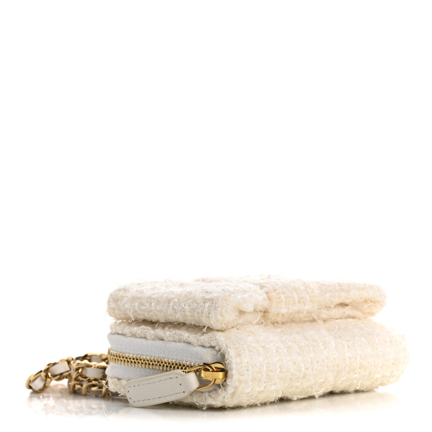 Tweed Quilted Bow Flap Card Holder On Chain White