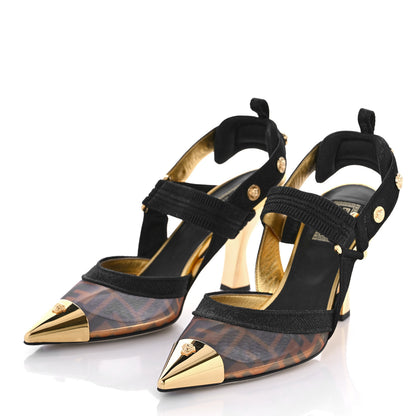 Fendi X VERSACE Technical Mesh FF Colibri 85mm Slingback Pumps 39 Tobacco Black 3 of 10