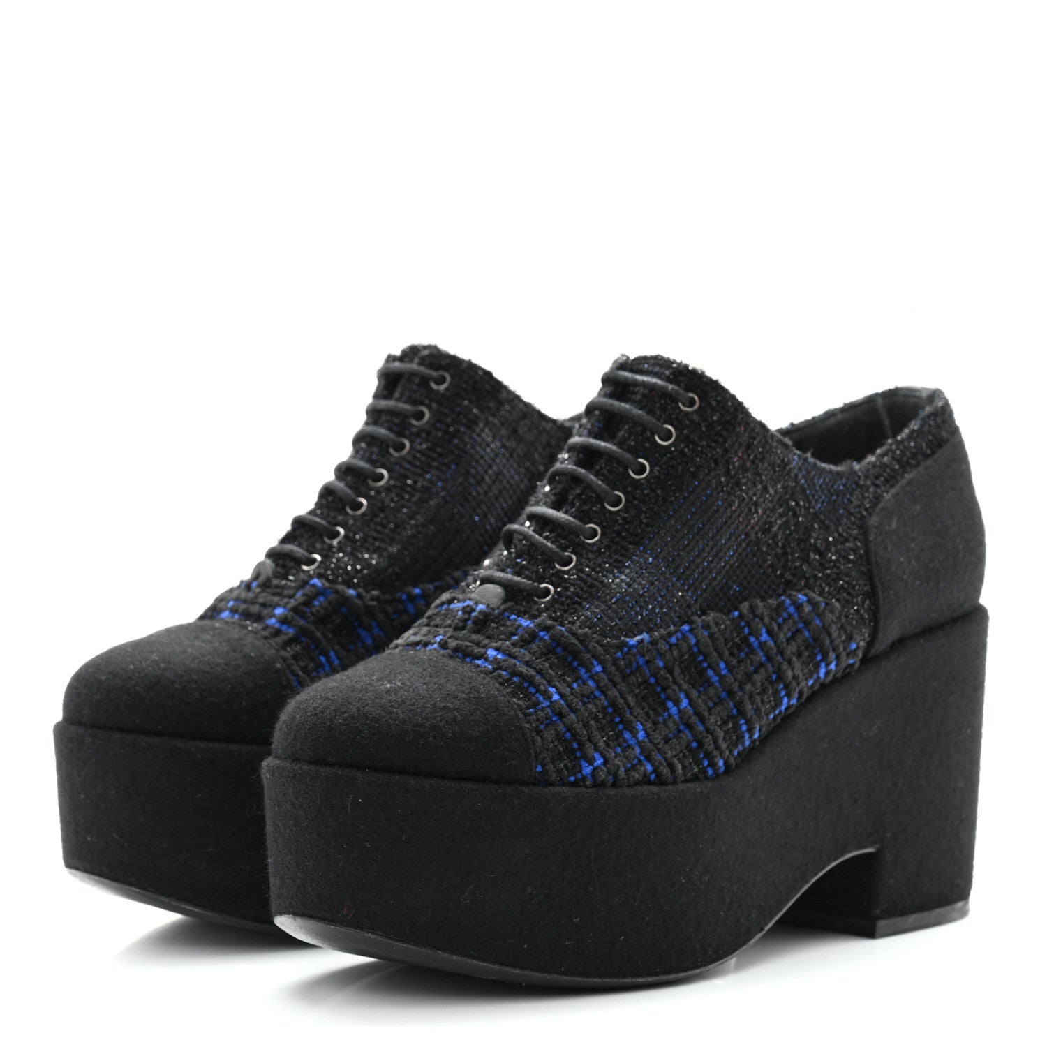 Chanel Tweed Lace Up Platform Oxfords 38 Black Blue 3 of 12