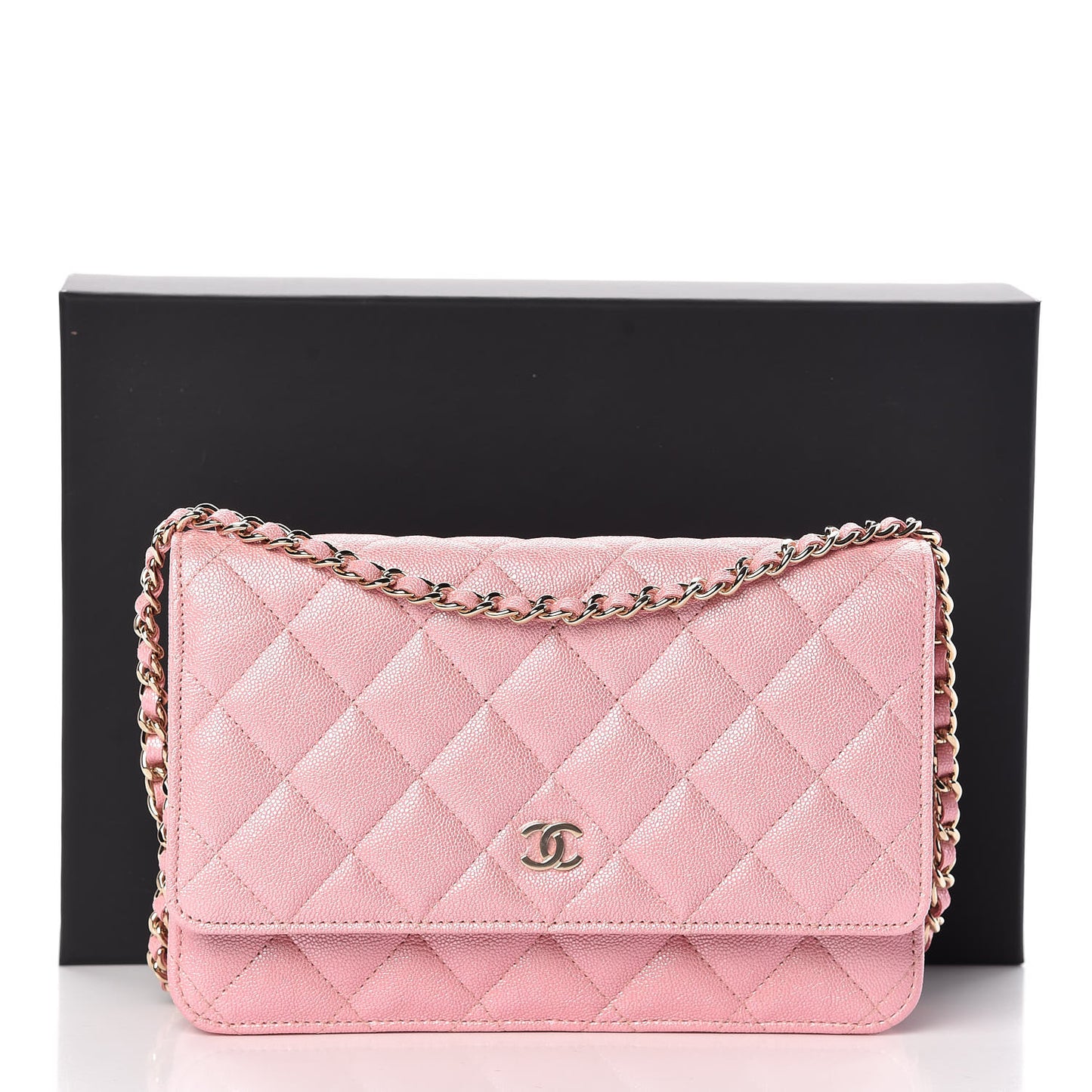Iridescent Caviar Quilted Wallet on Chain WOC Rose Pink