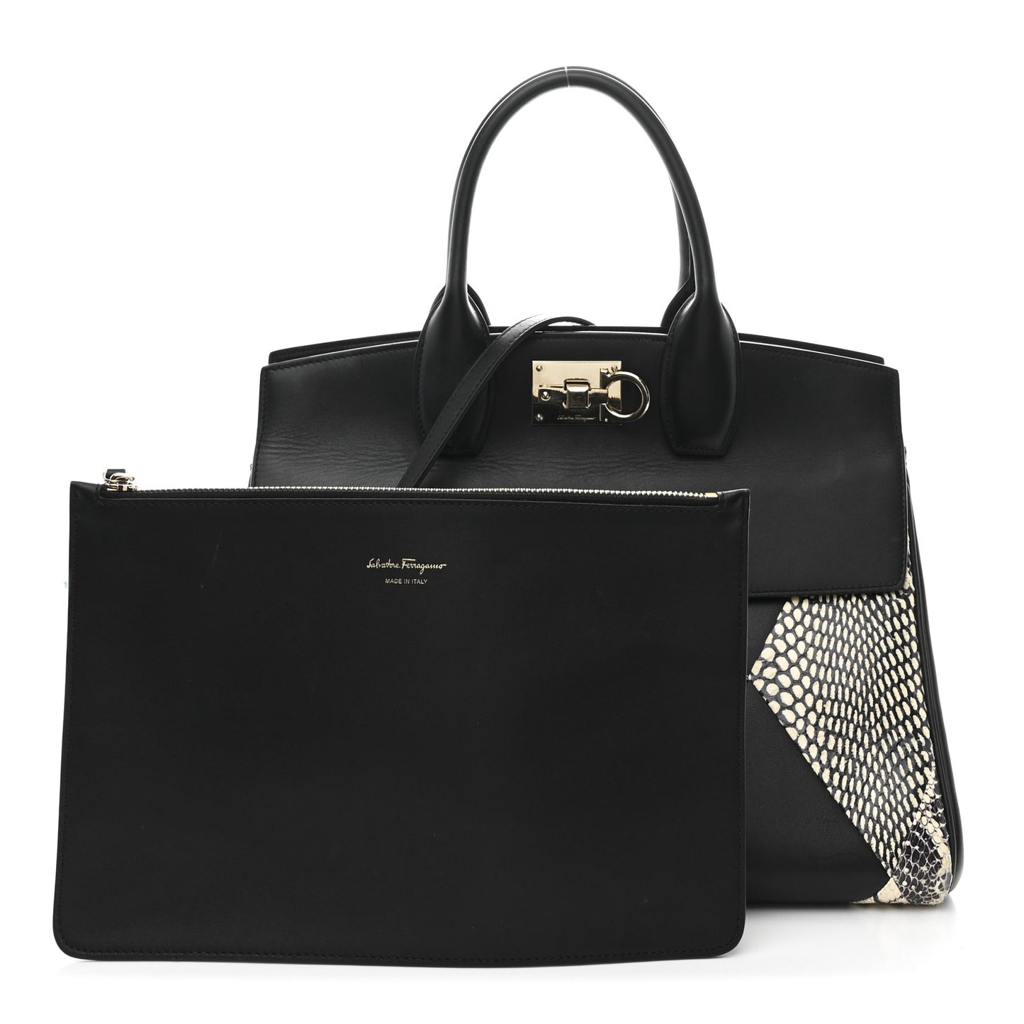 Calfskin Snakeskin Gancini Large Studio Bag Black Beige