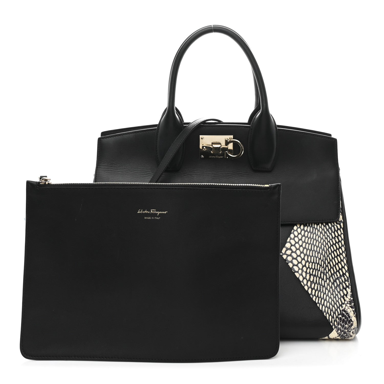 Salvatore Ferragamo Calfskin Snakeskin Gancini Large Studio Bag Black Beige 3 of 14