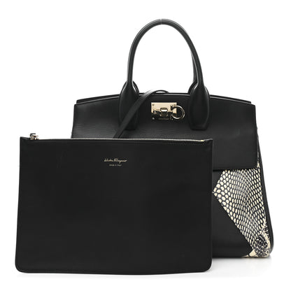 Salvatore Ferragamo Calfskin Snakeskin Gancini Large Studio Bag Black Beige 3 of 14