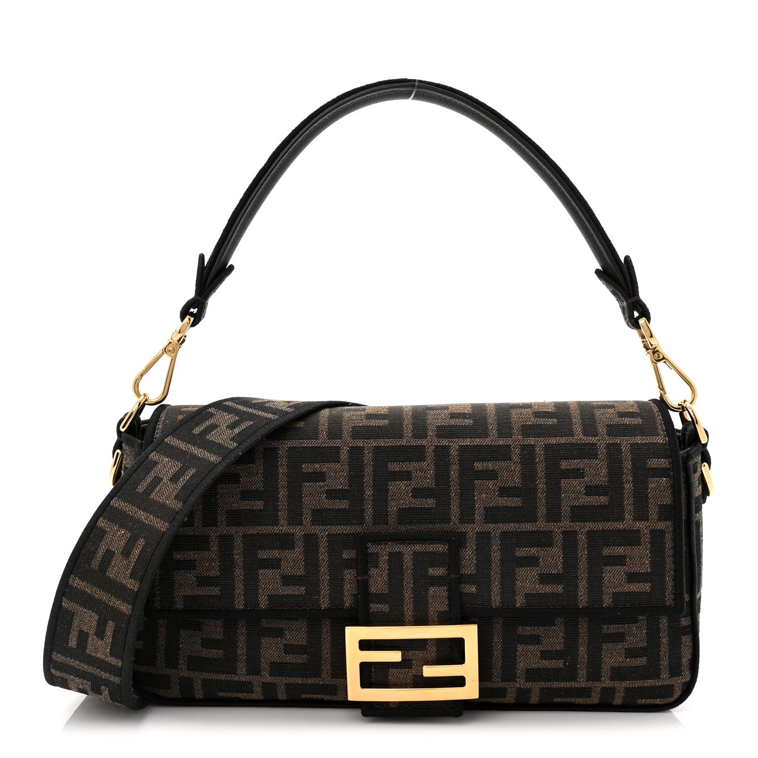 Fendi Fabric Jacquard FF 1974 Medium Baguette Tobacco Moro Black 1 of 10