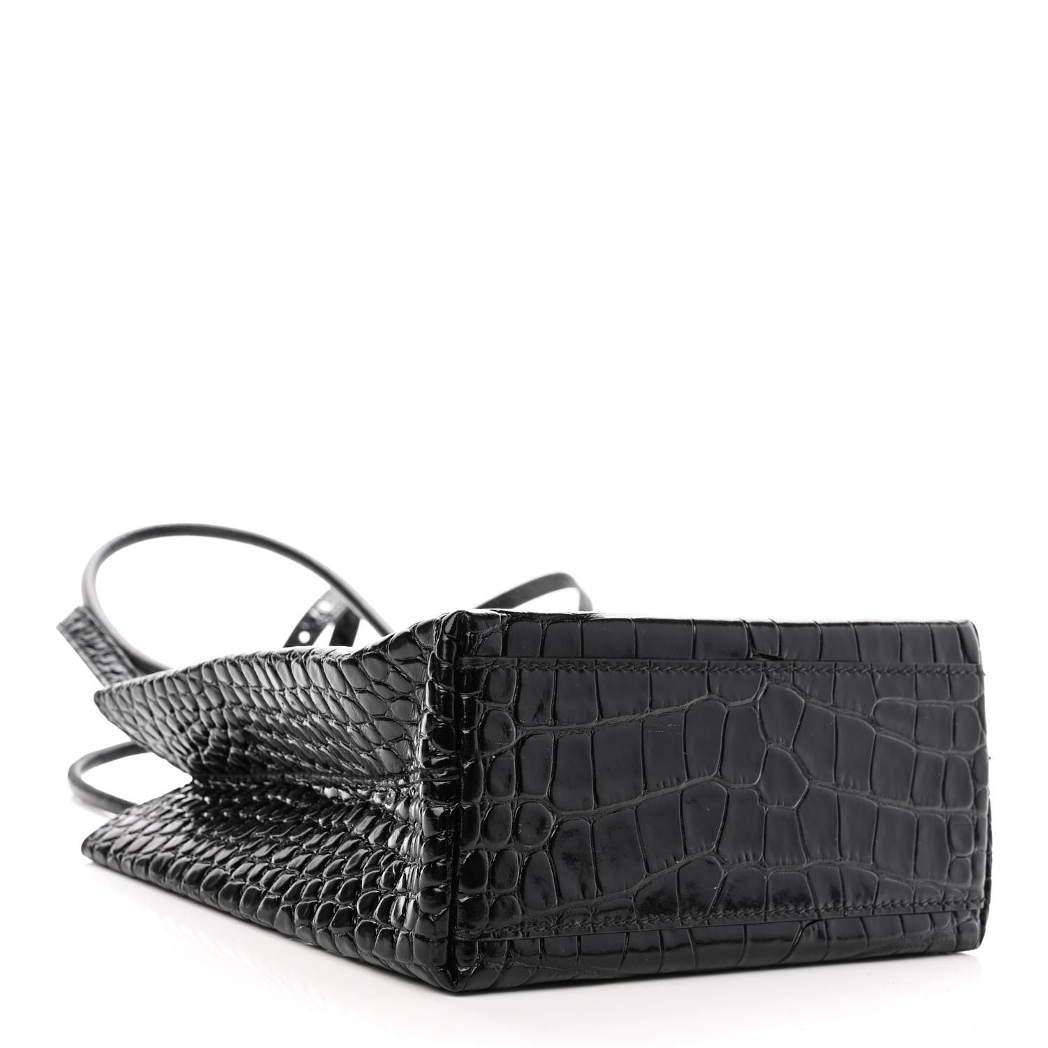 Balenciaga Shiny Calfskin Logo Crocodile Embossed North South Shopper Tote XXS Black White 4 of 10