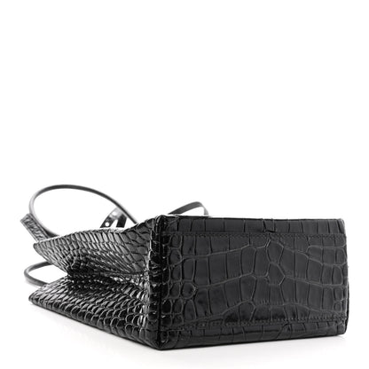 Balenciaga Shiny Calfskin Logo Crocodile Embossed North South Shopper Tote XXS Black White 4 of 10