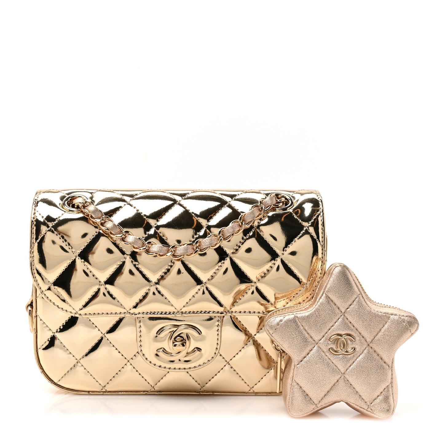 Mirror Calfskin Metallic Calfskin Quilted Hollywood Boulevard Mini Flap With Star Coin Purse Gold