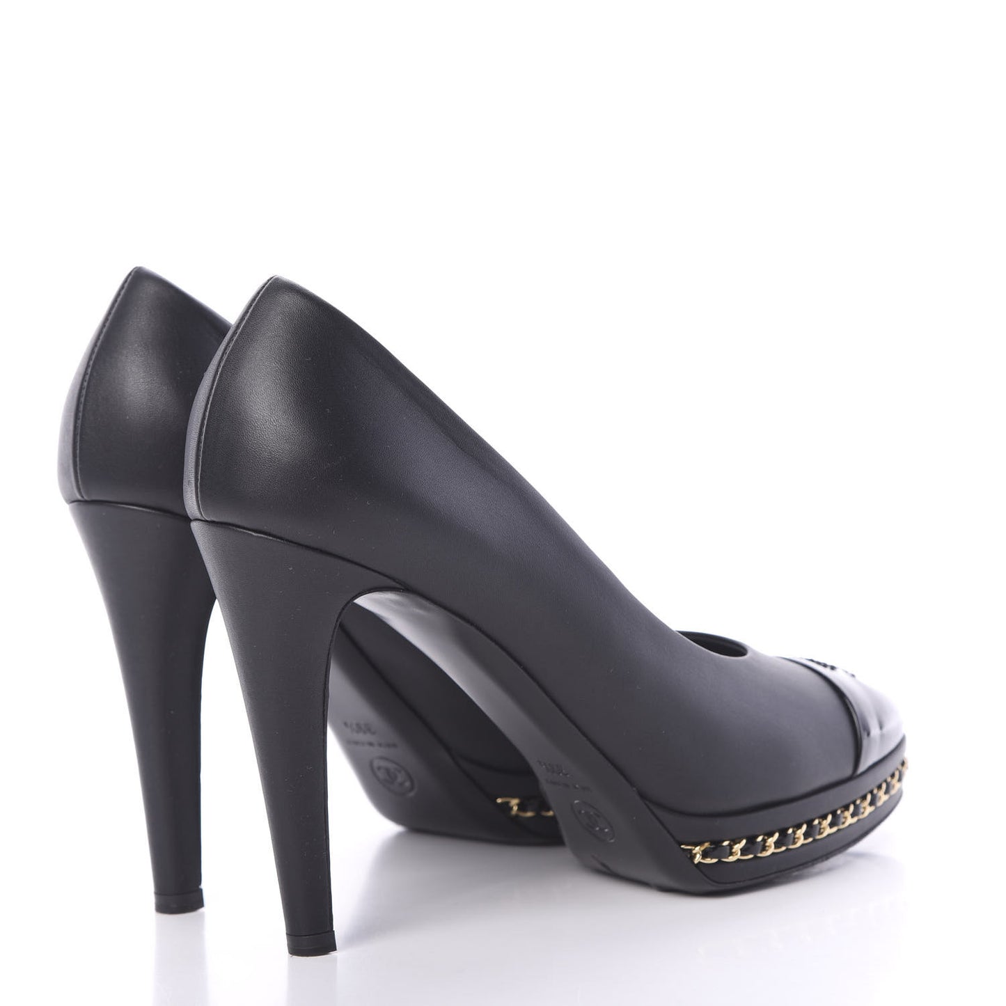 Calfskin Patent CC Cap Toe Platform Chain Pumps 39.5 Navy Black