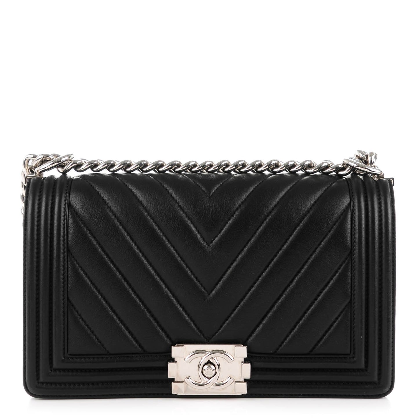 Calfskin Chevron Quilted Medium Boy Flap Black