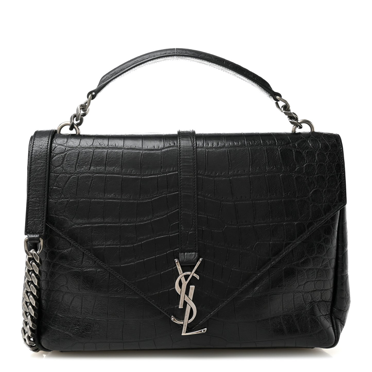 Calfskin Crocodile Embossed Large College Monogram Satchel Black