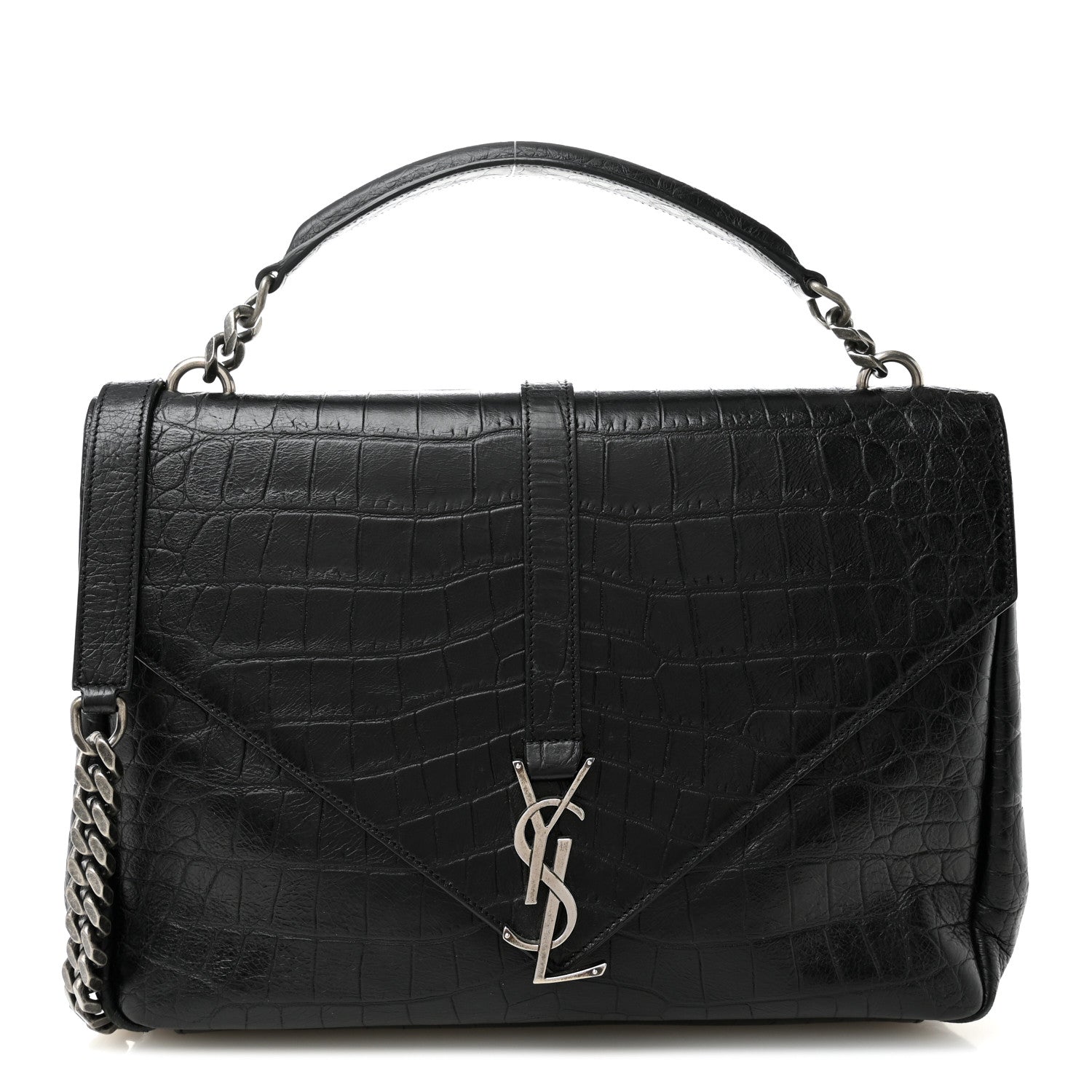 Saint Laurent Calfskin Crocodile Embossed Large College Monogram Satchel Black 1 of 11