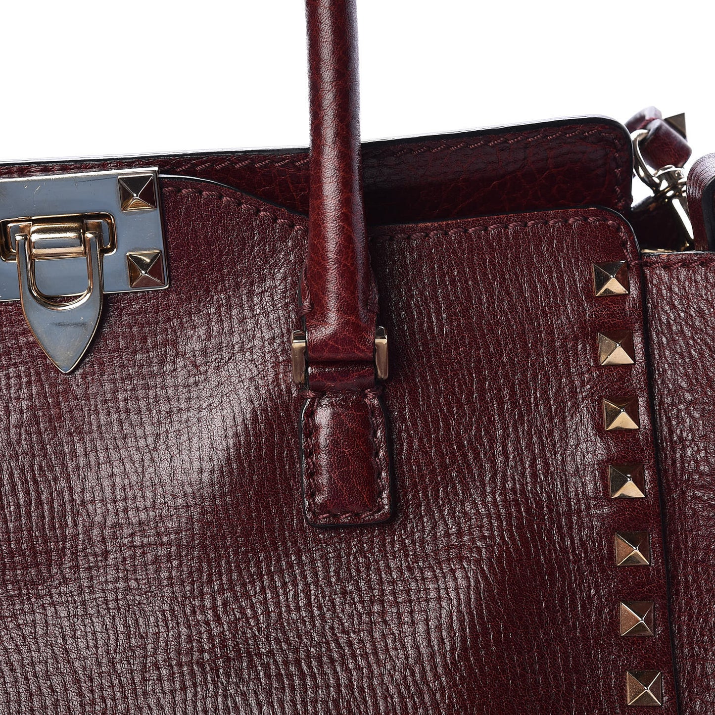 Textured Calfskin Rockstud Double Handle Tote Wine