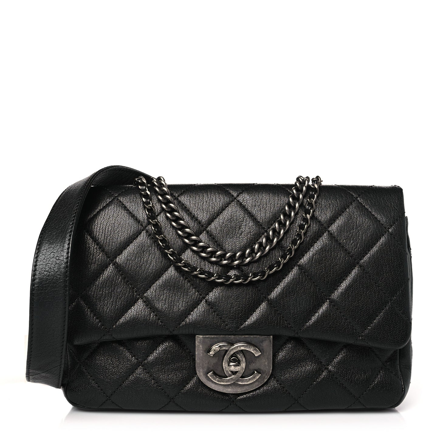 Shiny Goatskin Quilted Small Double Carry Waist Chain Flap Black
