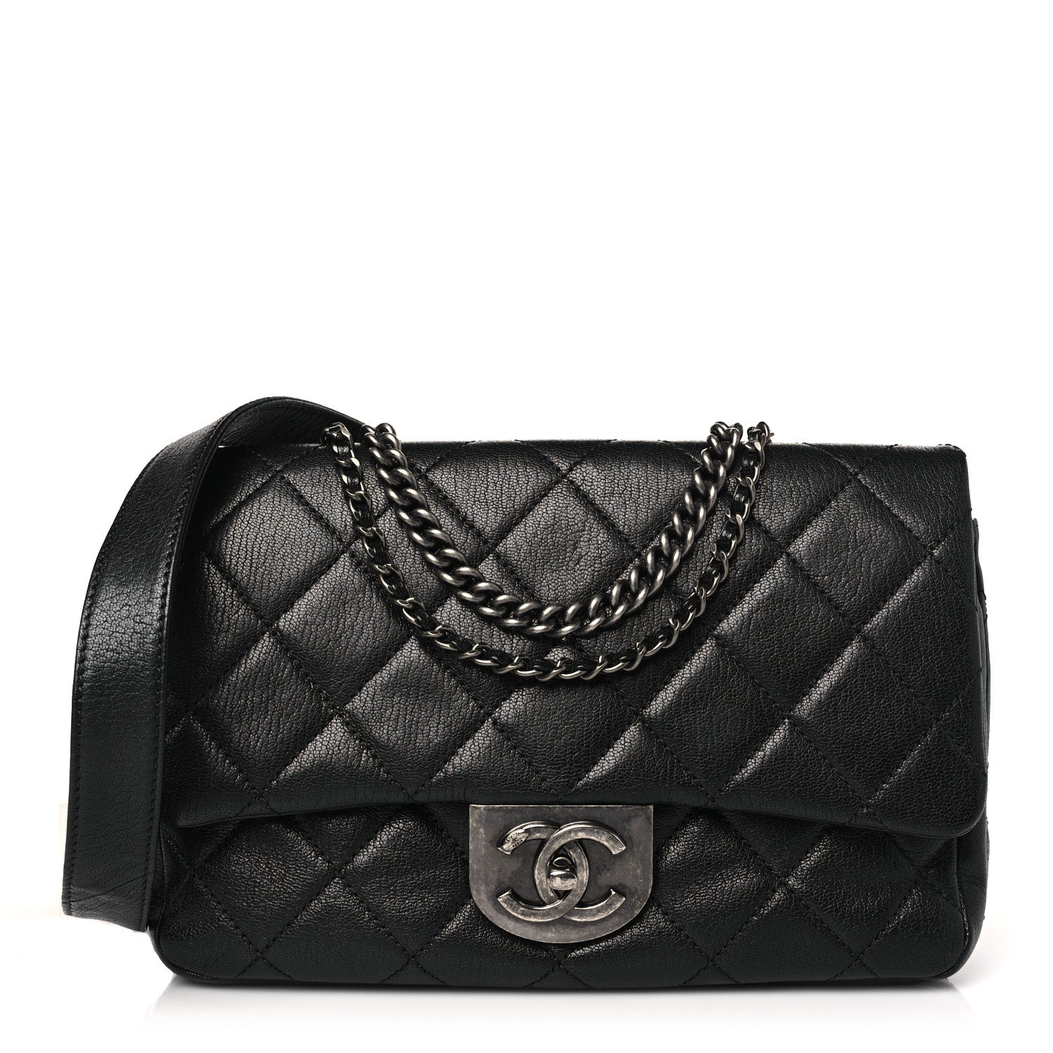 Chanel Shiny Goatskin Quilted Small Double Carry Waist Chain Flap Black 1 of 12