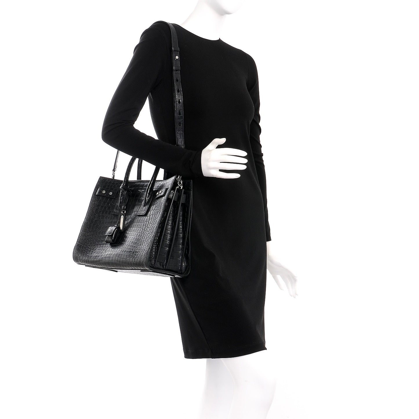 Calfskin Crocodile Embossed Small Supple Sac de Jour Black
