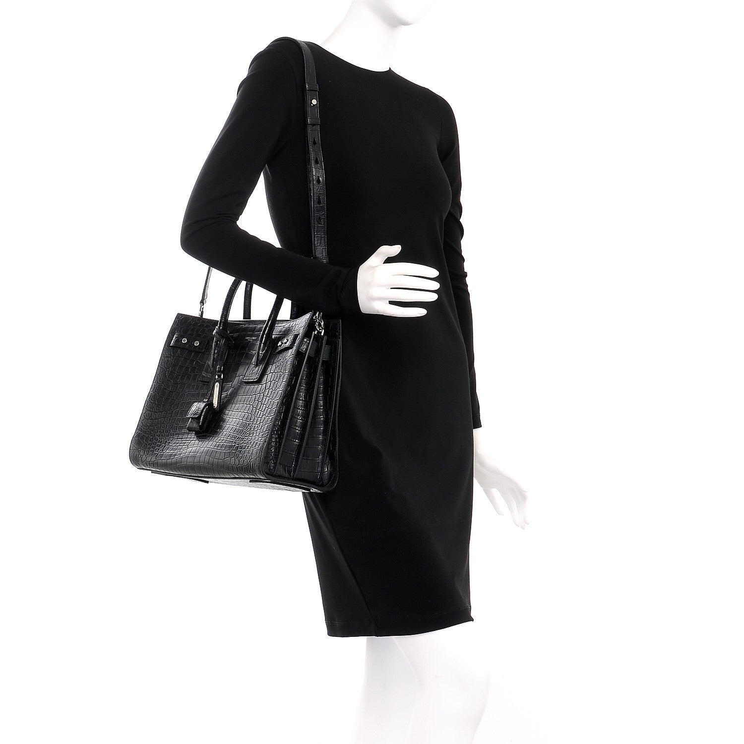 Saint Laurent Calfskin Crocodile Embossed Small Supple Sac de Jour Black 2 of 8