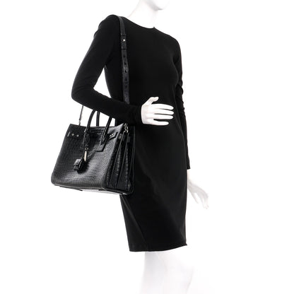 Saint Laurent Calfskin Crocodile Embossed Small Supple Sac de Jour Black 2 of 8