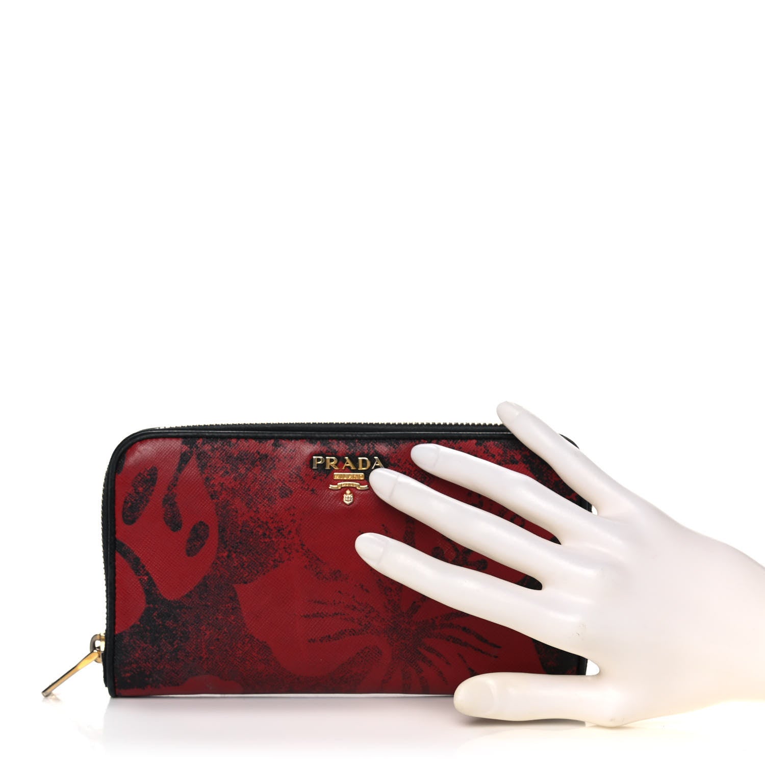 Prada Saffiano Hibiscus Print Zip Around Wallet Rosso 2 of 12