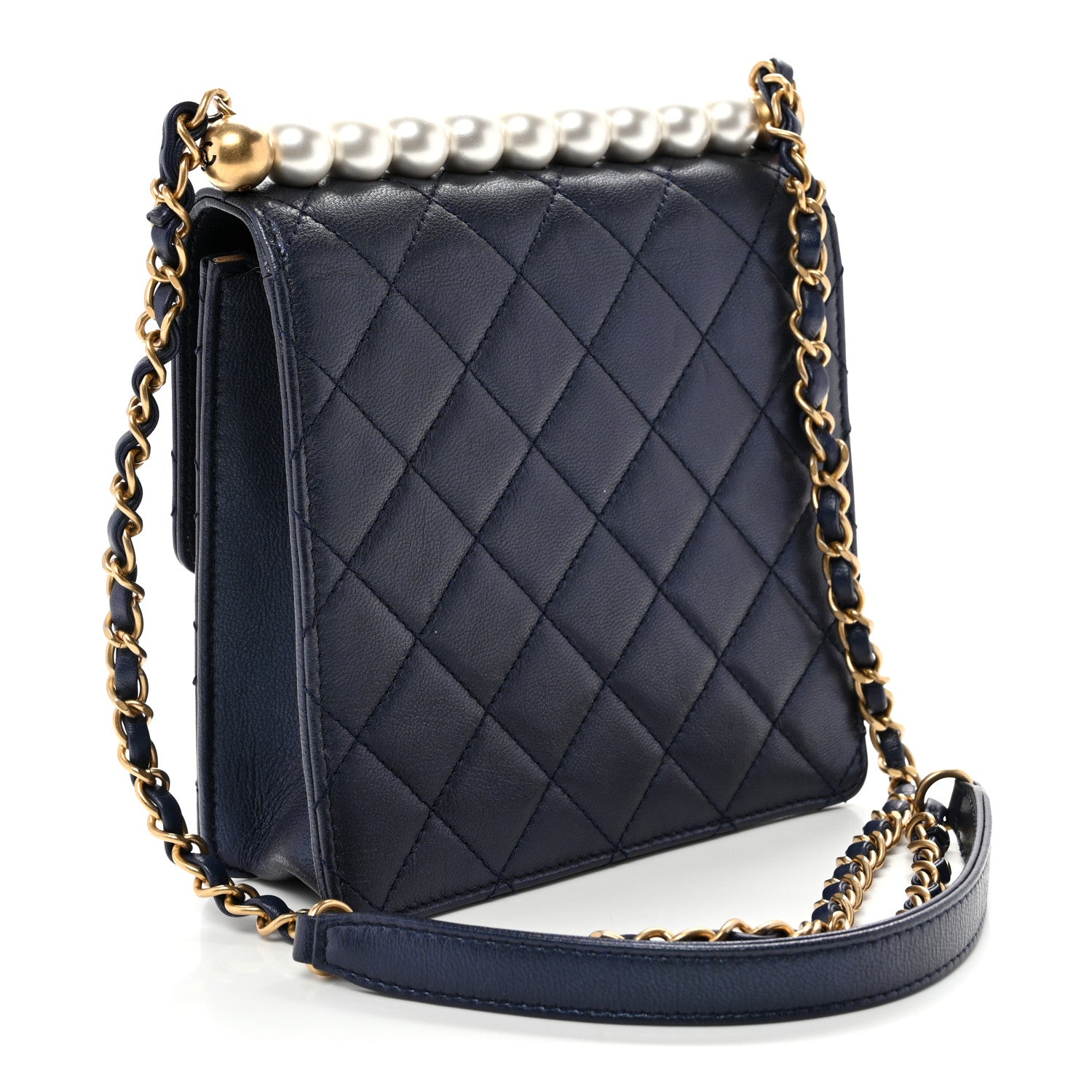 Chanel Iridescent Lambskin Quilted Chic Pearls Flap Navy Blue