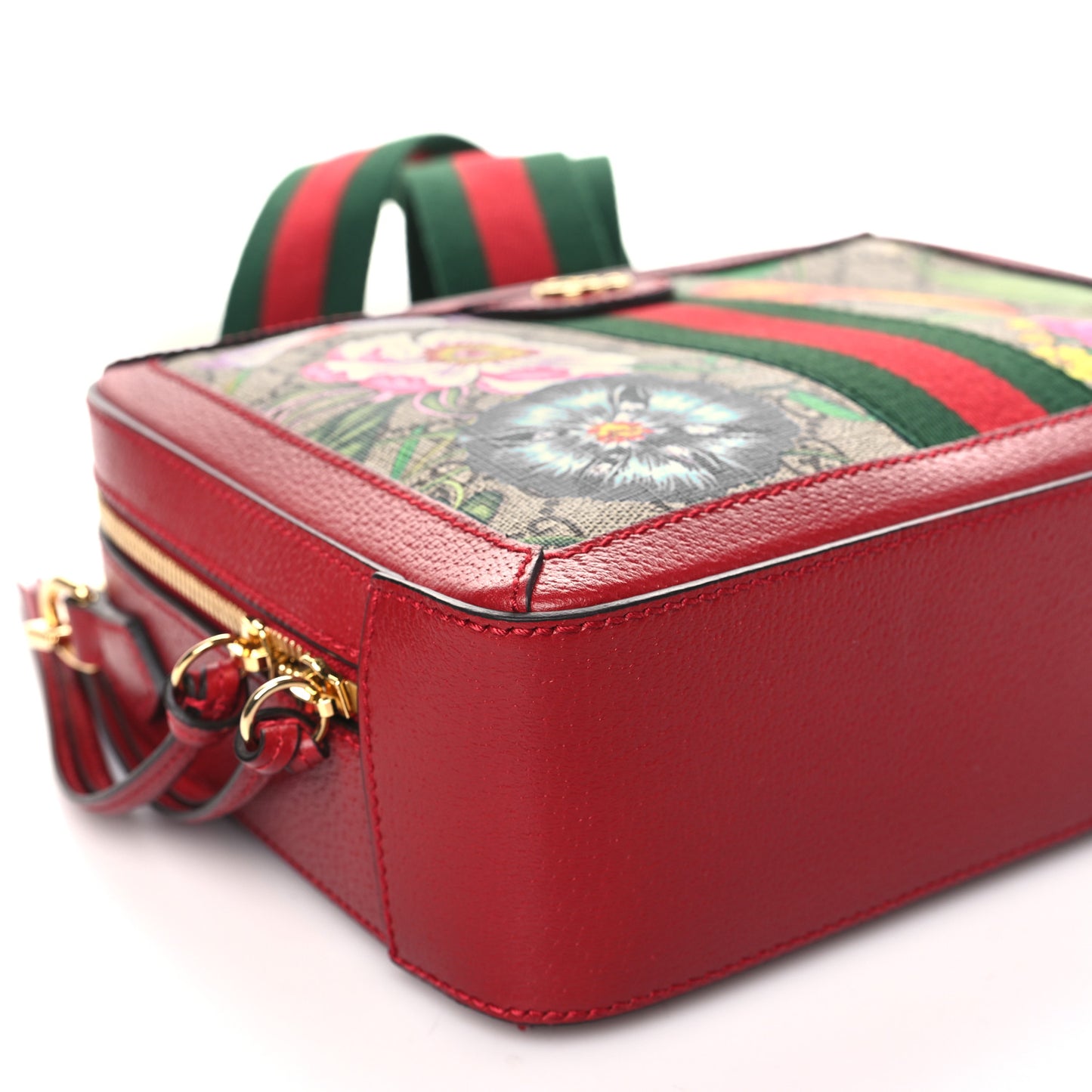 GG Supreme Monogram Flora Web Small Ophidia Top Handle Shoulder Bag Hibiscus Red