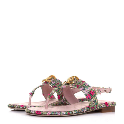 Chanel Tweed CC Logo Thong Sandals 37.5 Green Pink White 3 of 11