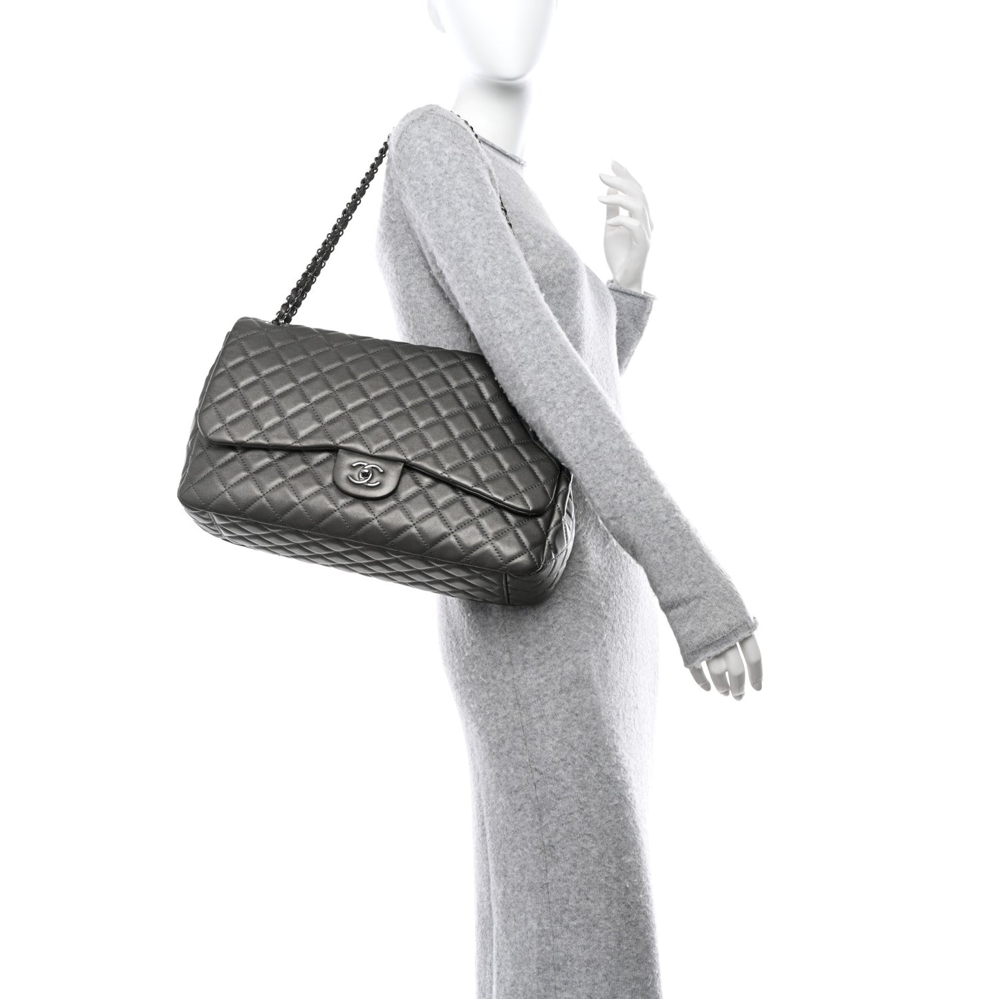 Metallic Calfskin Quilted Small XXL Travel Flap Bag Dark Silver
