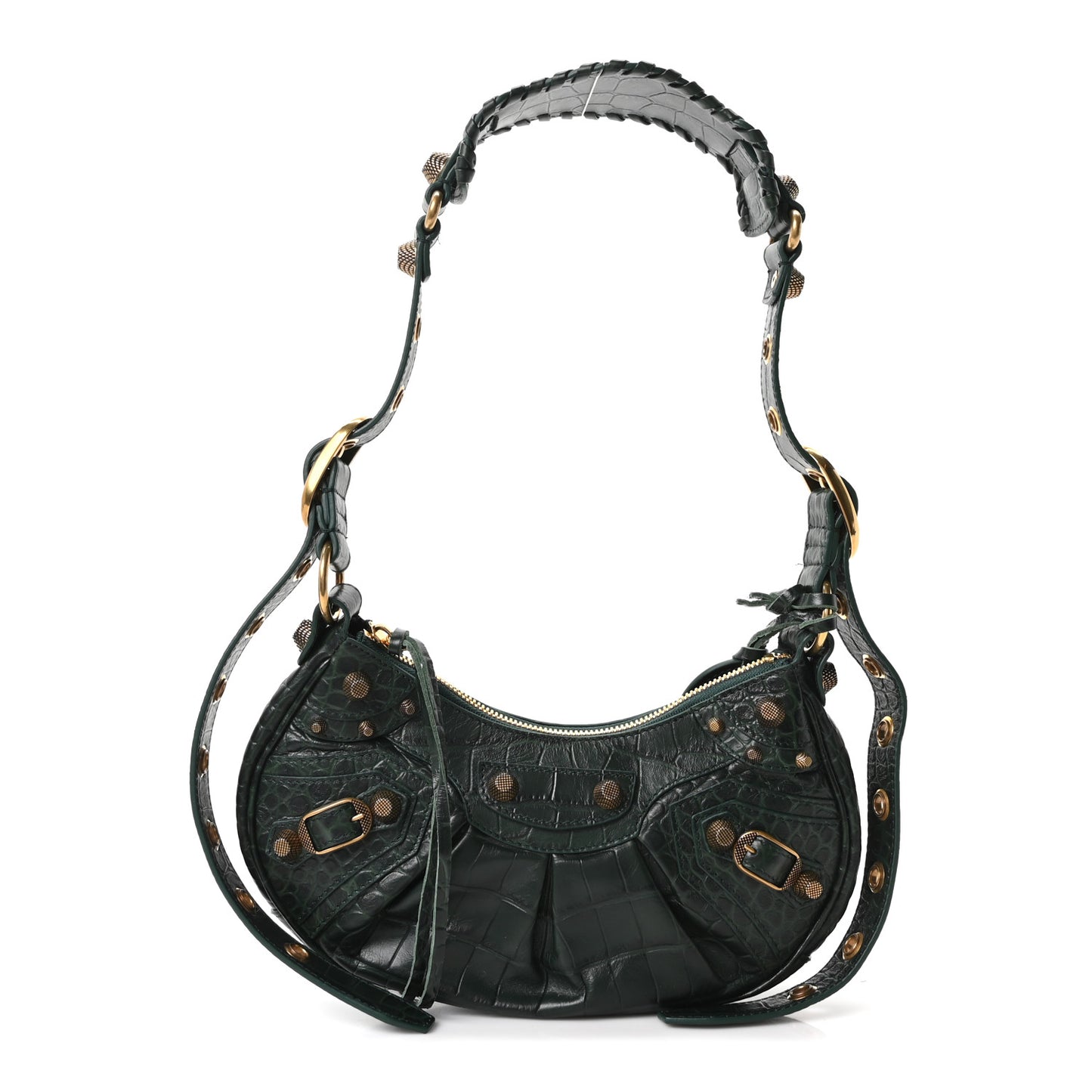 Extra Supple Calfskin Crocodile Embossed Le Cagole Shoulder Bag XS Forest Green