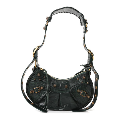 Balenciaga Extra Supple Calfskin Crocodile Embossed Le Cagole Shoulder Bag XS Forest Green 1 of 11