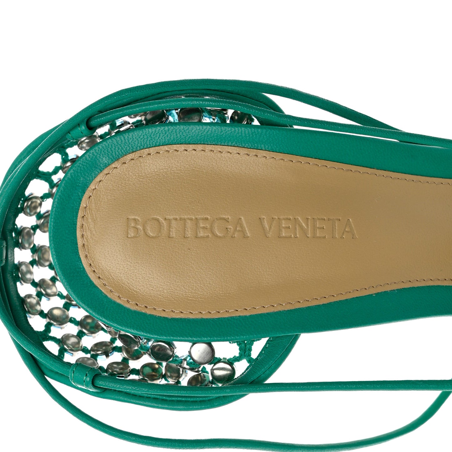 Mesh Nappa Crystal Embellished Sparkle Stretch Ankle Tie Sandals 39.5 Acid Turquoise