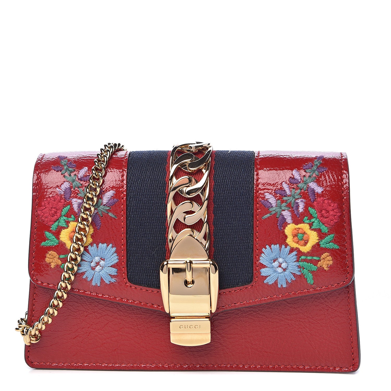Gucci Patent Embroidered Super Mini Sylvie Chain Shoulder Bag Hibiscus Red 1 of 11