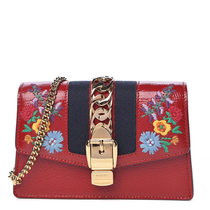 Gucci Patent Embroidered Super Mini Sylvie Chain Shoulder Bag Hibiscus Red 1 of 11