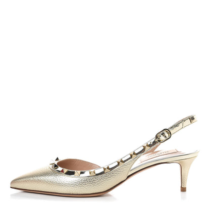 Valentino Garavani Metallic Pebbled Calfskin Rockstud Half D'Orsay Slingback 50mm Pumps 38 Platino 1 of 8