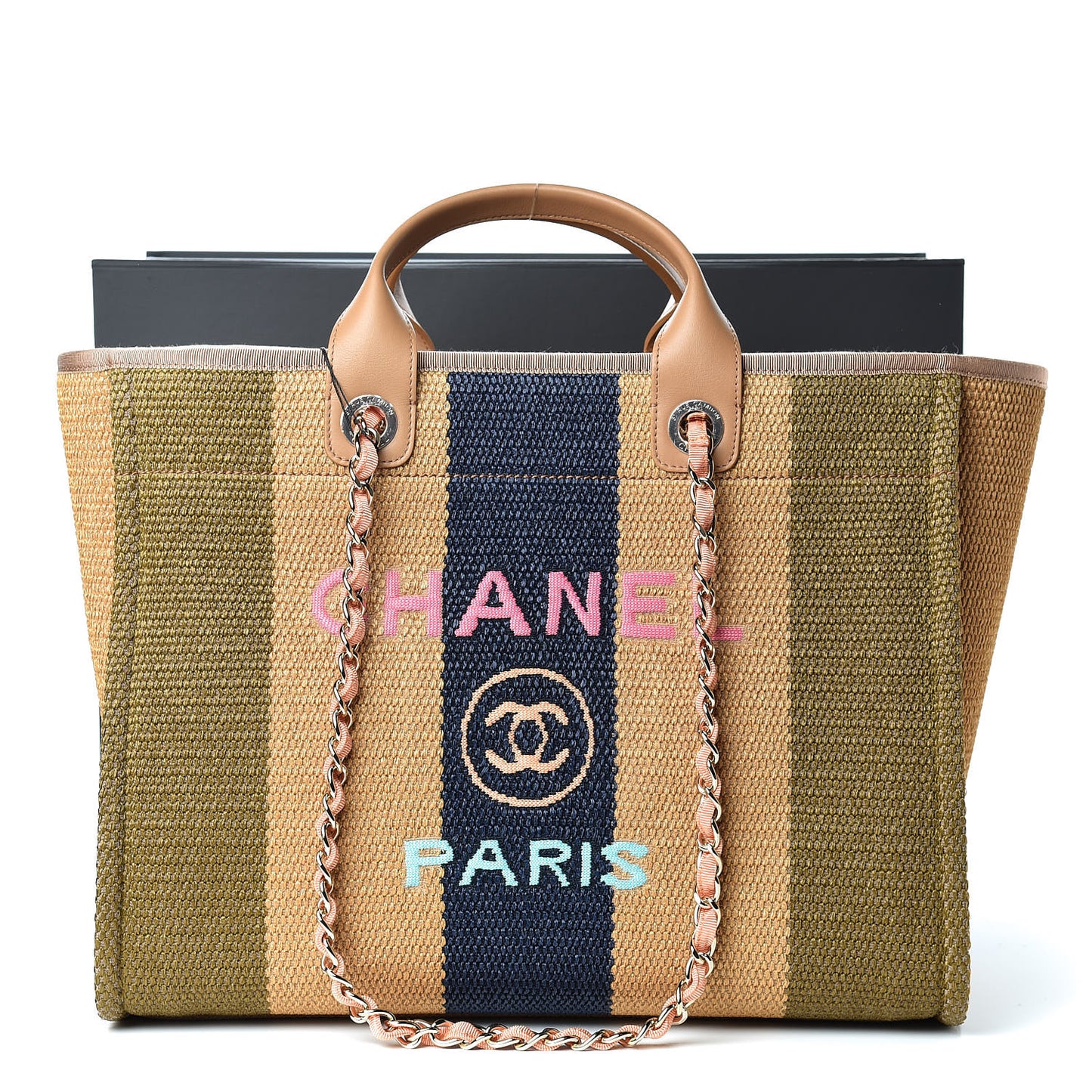 Straw Raffia Calfskin Striped Large Deauville Tote Khaki Beige Navy Blue